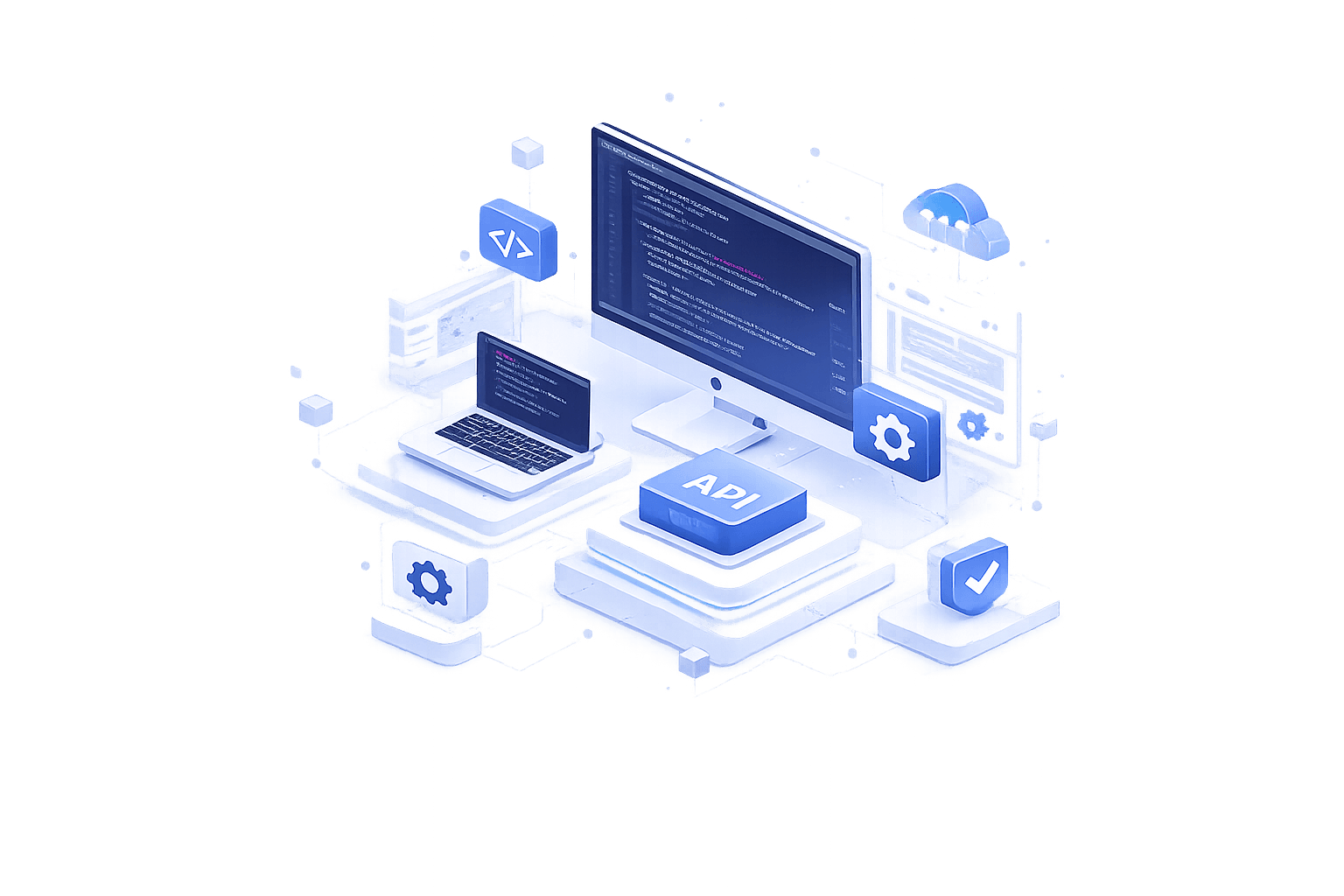 Isometric illustration of a developer setup with monitor, laptop, API, and code